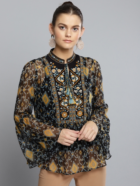 

Label Ritu Kumar Women Black & Mustard Yellow Printed A-Line Top