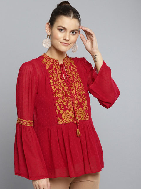 

Label Ritu Kumar Women Red & Mustard Yellow Self Design A-Line Top