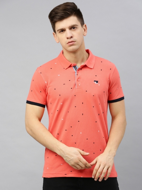 

SPYKAR Men Coral Orange Printed Polo Collar Pure Cotton T-shirt