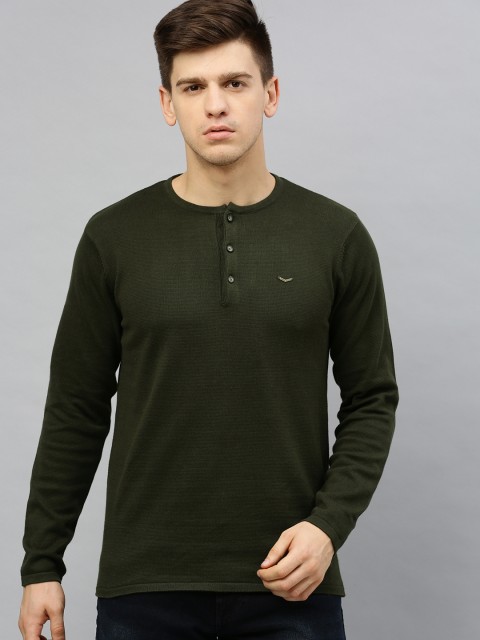 

SPYKAR Men Olive Green Solid Henley Neck T-shirt