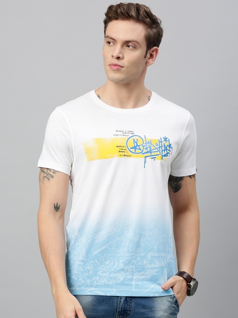 

SPYKAR Men White Blue Colourblocked Round Neck Pure Cotton T-shirt With Printed Detailing