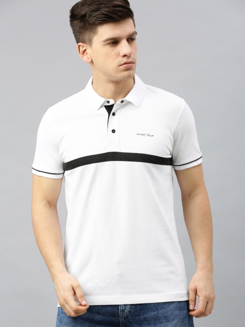 

SPYKAR Men White & Navy Blue Striped Polo Collar T-shirt