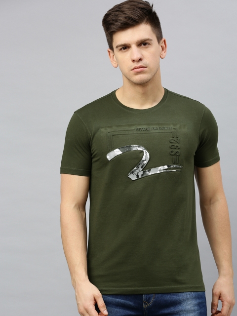 

SPYKAR Men Olive Green Embossed Design Round Neck T-shirt