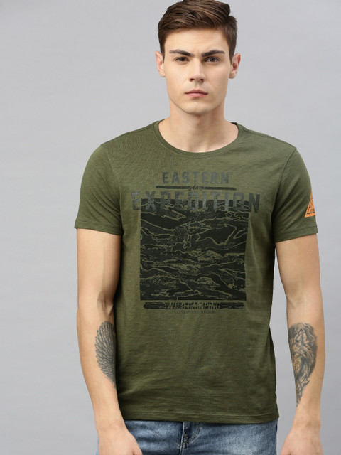 

SPYKAR Men Olive Green Printed Round Neck T-shirt