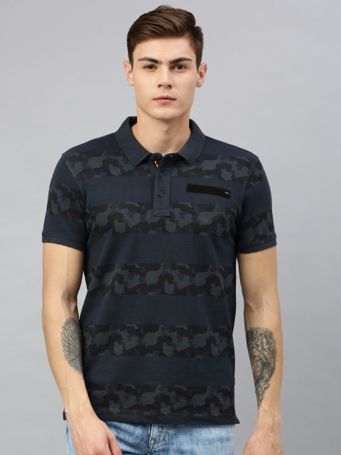 

SPYKAR Men Navy Blue Camouflage Striped Polo Collar T-shirt