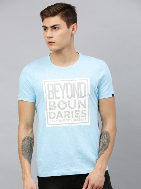 

SPYKAR Men Blue Printed Round Neck Pure Cotton T-shirt
