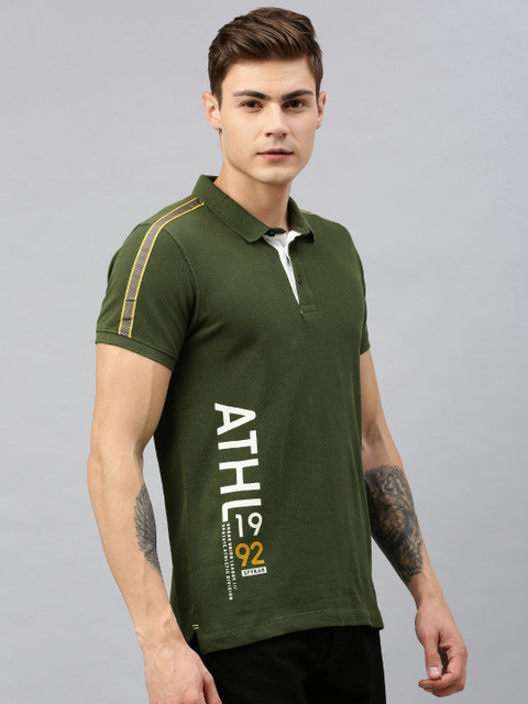 

SPYKAR Men Olive Green Solid Polo Collar T-shirt with Shoulder Stripes