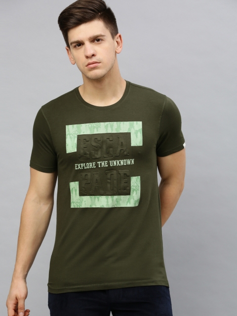 

SPYKAR Men Olive Green Embossed Round Neck T-shirt
