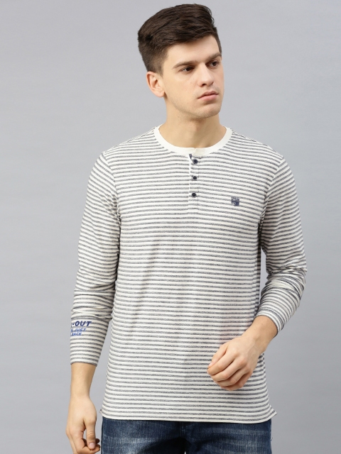 

SPYKAR Men Off-White & Navy Blue Striped Henley Neck T-shirt