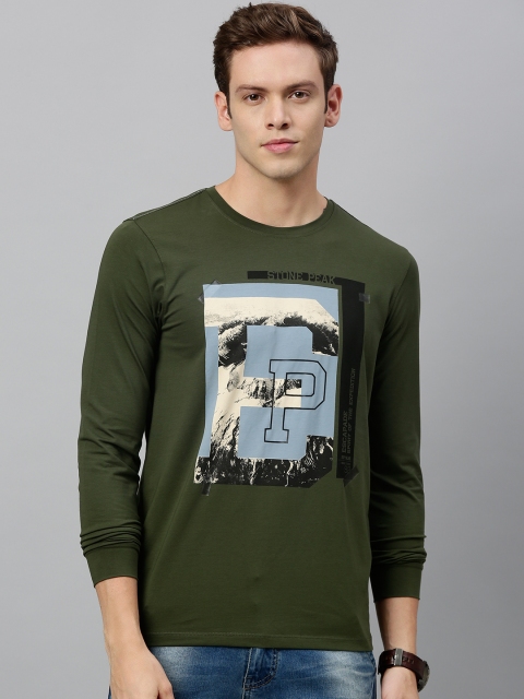 

SPYKAR Men Olive Green Graphic Printed Round Neck Pure Cotton T-shirt