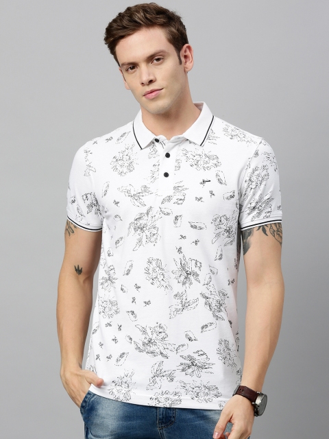 

SPYKAR Men White Black Floral Printed Polo Collar Pure Cotton T-shirt