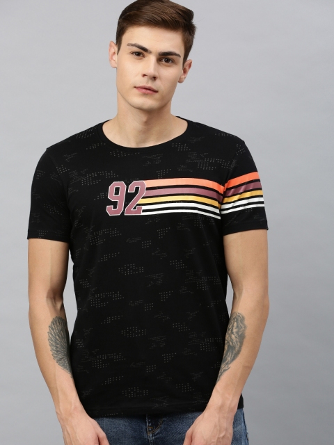 

SPYKAR Men Black Printed Round Neck T-shirt with Striped Detail