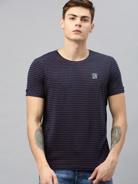 

SPYKAR Men Navy Blue & Orange Striped Round Neck T-shirt