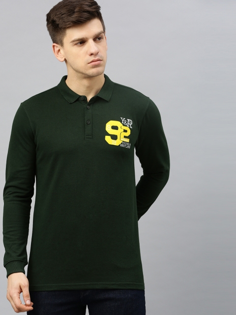 

SPYKAR Men Green Solid Polo Collar Pure Cotton T-shirt with Applique Detail