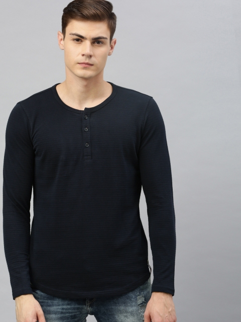 

SPYKAR Men Navy Blue Striped Henley Neck T-shirt