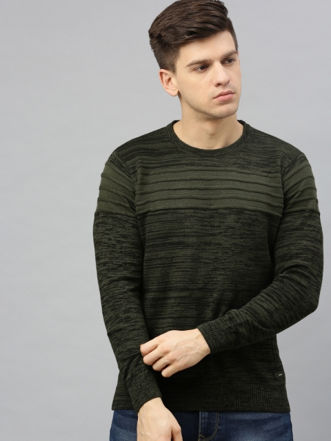 

SPYKAR Men Olive Green Solid Pullover Sweater With Striped Detailing