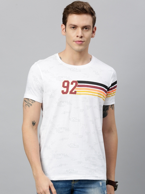 

SPYKAR Men White Printed Round Neck Pure Cotton T-shirt