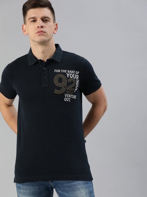 

SPYKAR Men Navy Blue Printed Polo Collar Pure Cotton T-shirt