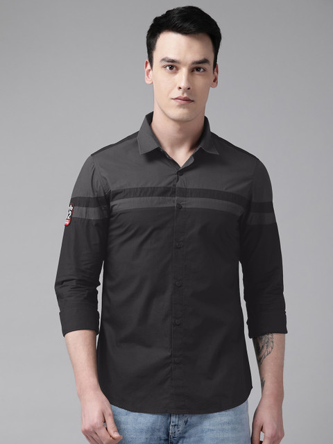 

SPYKAR Men Black & Charcoal Grey Slim Fit Colourblocked Casual Shirt