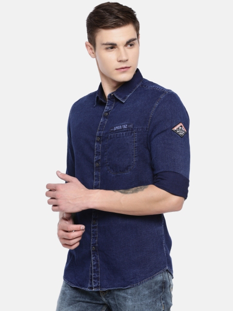 

SPYKAR Men Navy Slim Fit Solid Denim Casual Shirt, Navy blue
