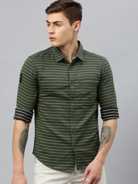 

SPYKAR Men Olive Green & Grey Slim Fit Striped Casual Shirt