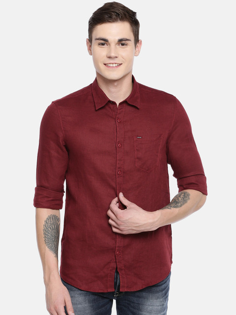 

SPYKAR Men Maroon Slim Fit Linen Solid Casual Shirt