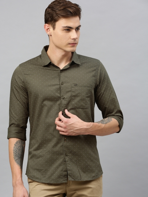 

SPYKAR Men Olive Green & White Slim Fit Ditsy Printed Casual Shirt