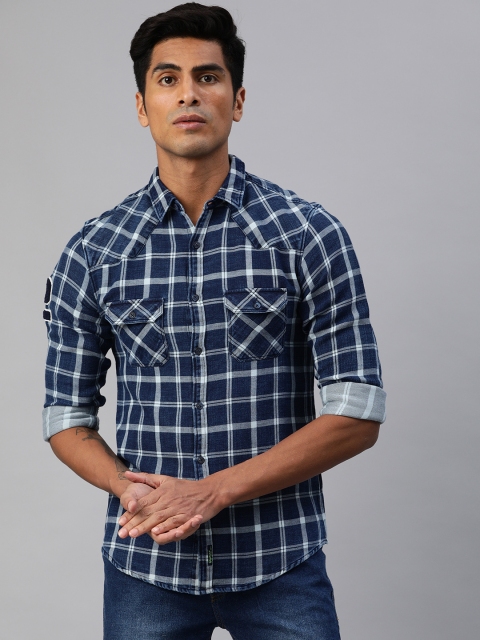 

SPYKAR Men Navy Blue & White Slim Fit Checked Casual Shirt