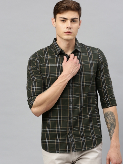 

SPYKAR Men Olive Green & White Slim Fit Checked Twill Weave Casual Shirt