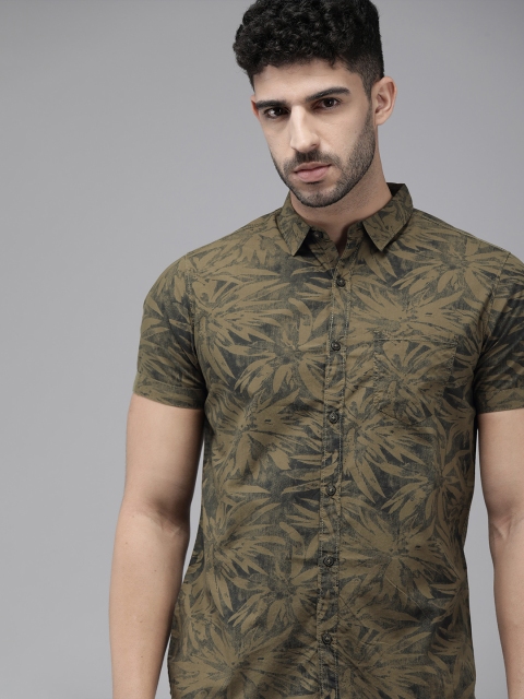 

SPYKAR Men Olive Green Slim Fit Floral Printed Pure Cotton Casual Shirt
