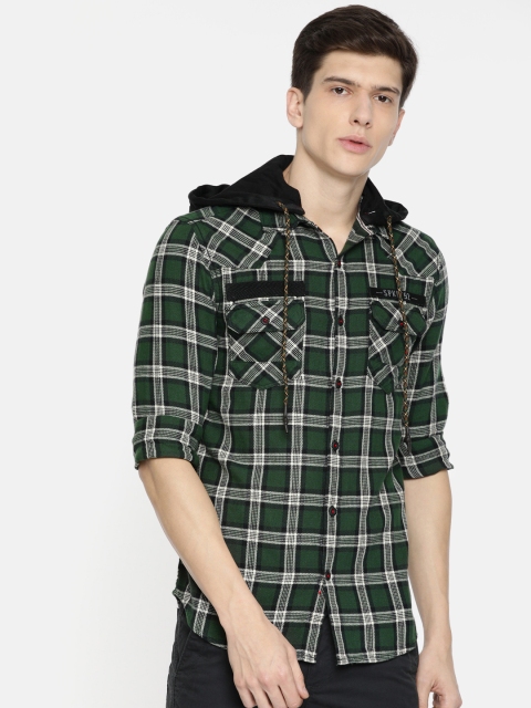 

SPYKAR Men Olive Green & White Slim Fit Checked Casual Hooded Shirt