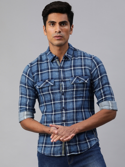 

SPYKAR Men Blue & Off-White Slim Fit Checked Casual Shirt