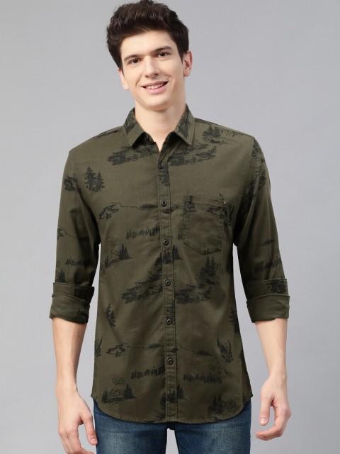 

SPYKAR Men Olive Green & Black Regular Fit Printed Casual Shirt