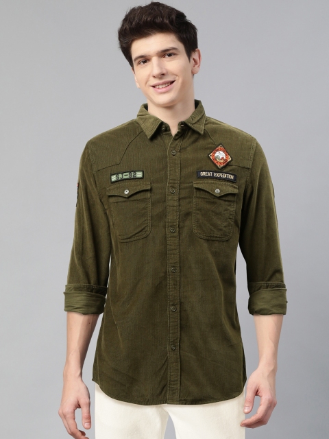 

SPYKAR Men Olive Green Regular Fit Applique Detail Corduroy Casual Shirt