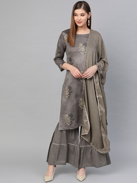 

Yufta Women Grey Printed Kurta with Sharara & Dupatta