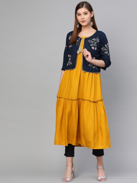 

Yufta Women Mustard Yellow Solid Tiered A-Line Kurta with Ethnic Jacket