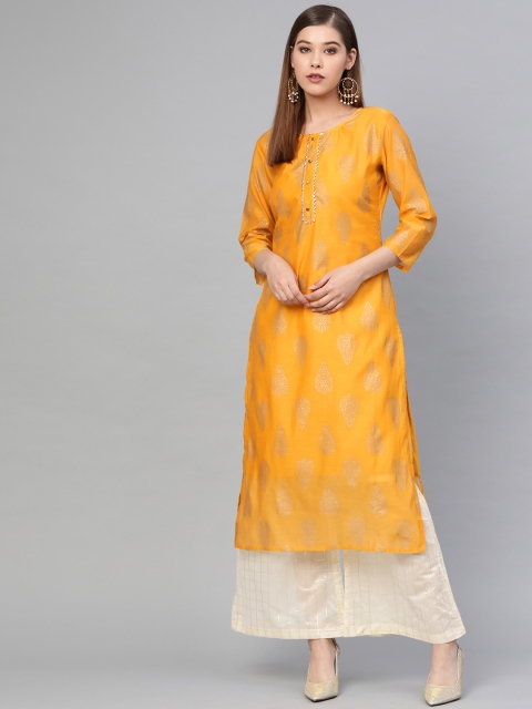 

Yufta Women Mustard Yellow & Off-White Printed Straight Kurta with Palazzos
