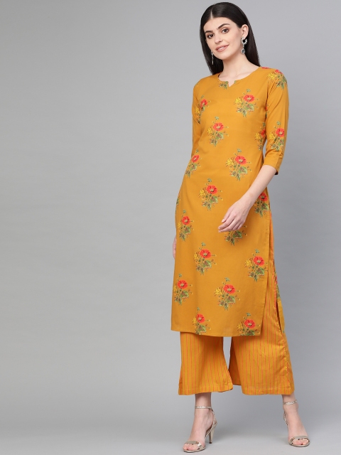 

Yufta Women Mustard & Coral Orange Printed Kurta with Palazzos