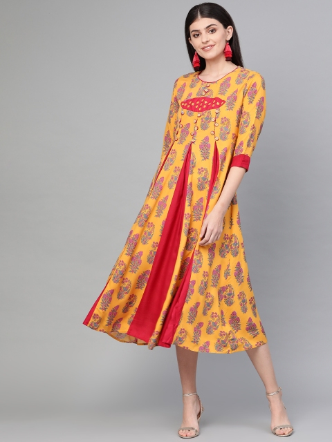 

Yufta Women Mustard Yellow & Pink Floral Print A-Line Dress