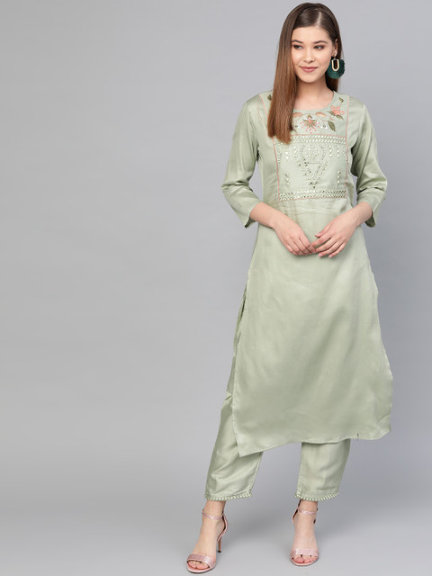

Yufta Women Mint Green Embroidered Kurta with Trousers