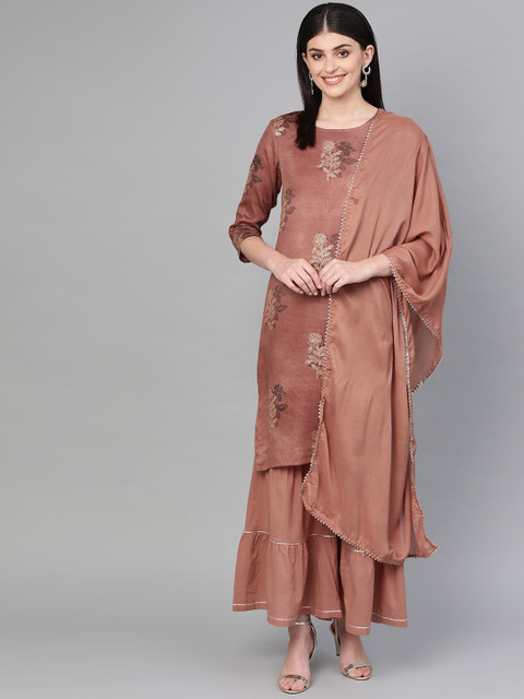 

Yufta Women Brown Printed Kurta with Sharara & Dupatta