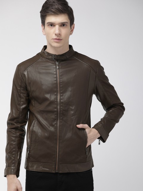 

The Indian Garage Co Men Brown Self Design Biker Jacket