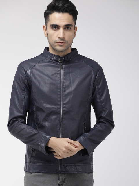 

The Indian Garage Co Men Navy Blue Self Design Biker Jacket