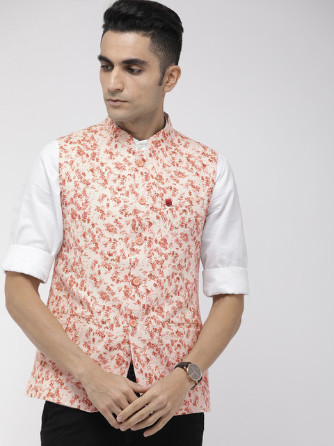

The Indian Garage Co Men Peach-Coloured & Off-White Printed Nehru Jacket