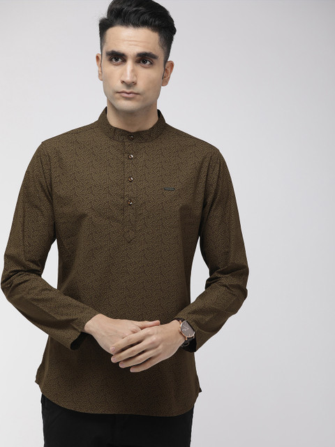 

The Indian Garage Co Men Olive Green Printed Straight Kurta