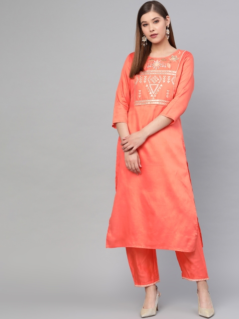 

Yufta Women Peach-Coloured Yoke Design Kurta with Trousers