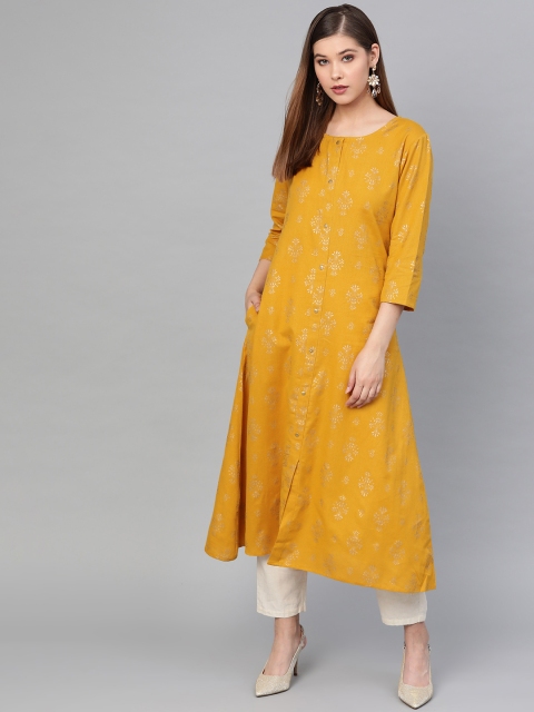 

Yufta Women Mustard Yellow & Golden Printed A-Line Kurta