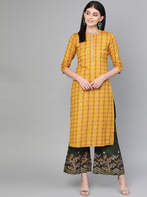 

Yufta Women Mustard Yellow & Green Printed Kurta with Palazzos