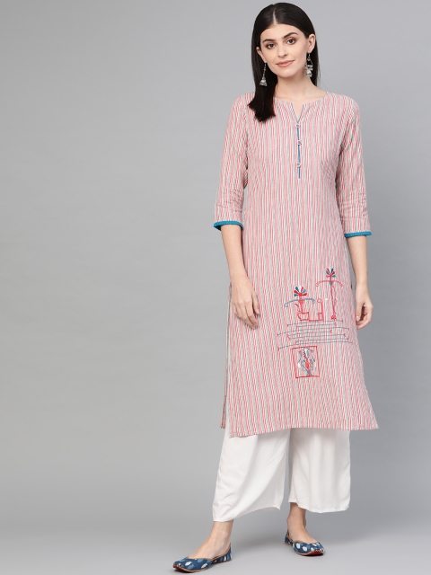 

Yufta Women Peach-Coloured & Off-White Striped Straight Kurta