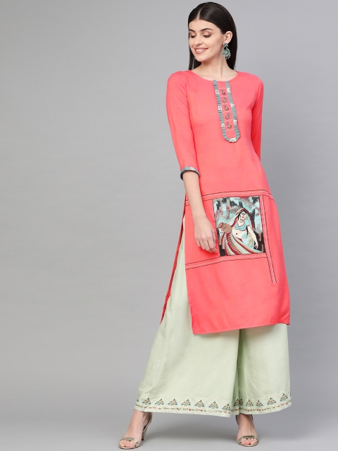 

Yufta Women Pink Quirky Embroidered Straight Kurta